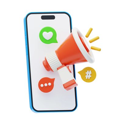 Smartphone with a megaphone and social media icons symbolizing digital communication.