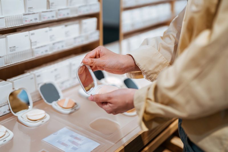 Close up of Asian young woman looking at ressed powder makeup at beauty store.