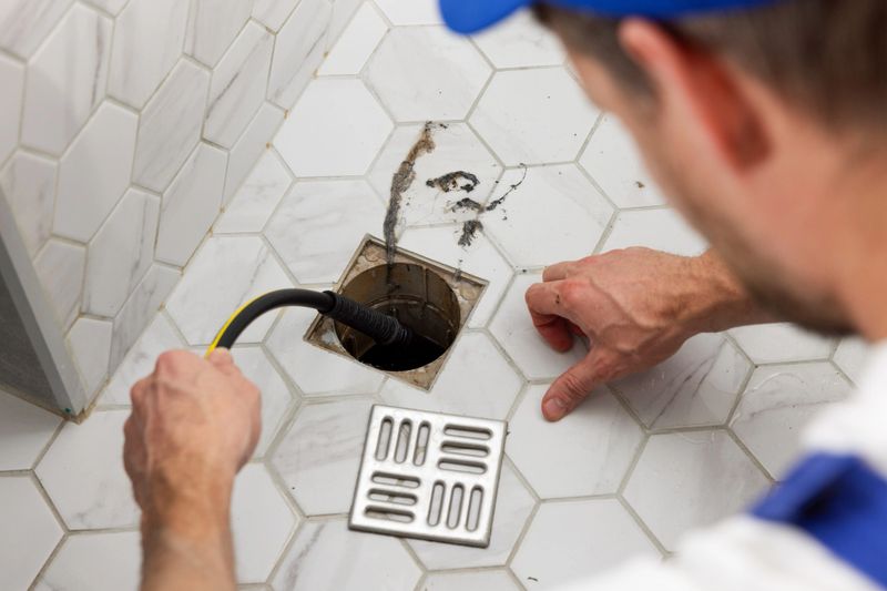 plumber unclogging blocked shower drain with hydro jetting at home bathroom. sewer cleaning service