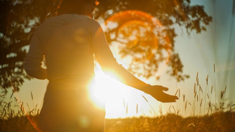 A woman touches delicate wildflowers while walking in a sunlit field, her silhouette set against the glowing sunset, conveying a sense of peace and connection with nature.