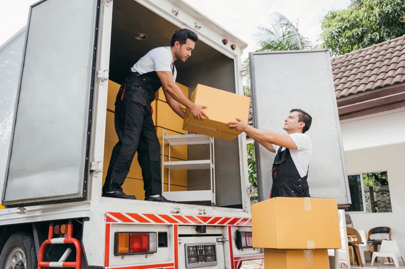 Teamwork in action, removal service workers unload boxes and furniture from the truck into the new home. Their efficiency ensures a smooth move and brings happiness. Moving Day
