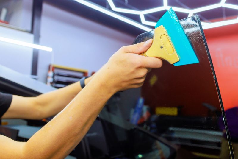 Technician applies tinted film to car window using squeegee in an auto shop.
