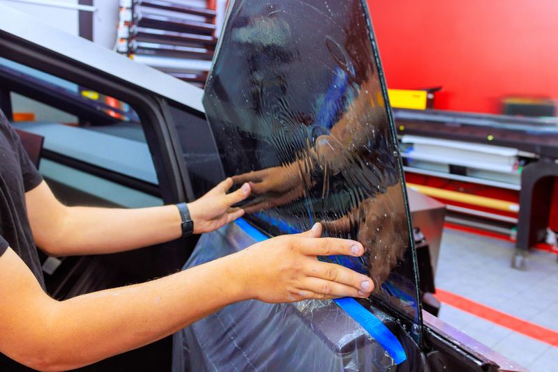 Technician worker applies tint film to car window in well lit automotive workspace, ensuring perfect fit.