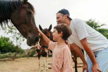 Boy and man petting horses.