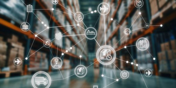 Warehouse with logistics and supply chain icons overlay.
