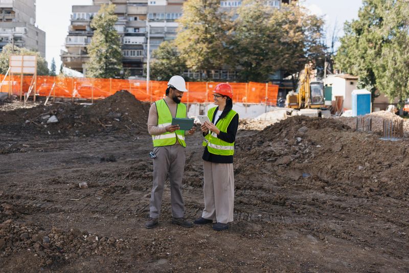 Two engineers, a man and woman, analyze data on a tablet at a construction site, showcasing the importance of technology and teamwork in modern construction projects.