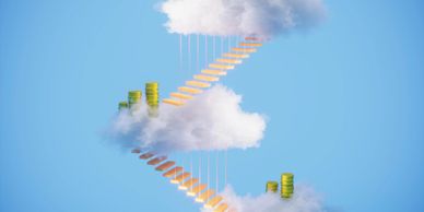 Floating staircases connecting clouds with stacks of gold coins symbolizing financial growth.