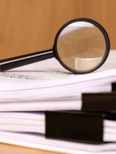 Magnifying glass on stacked documents with binder clips.