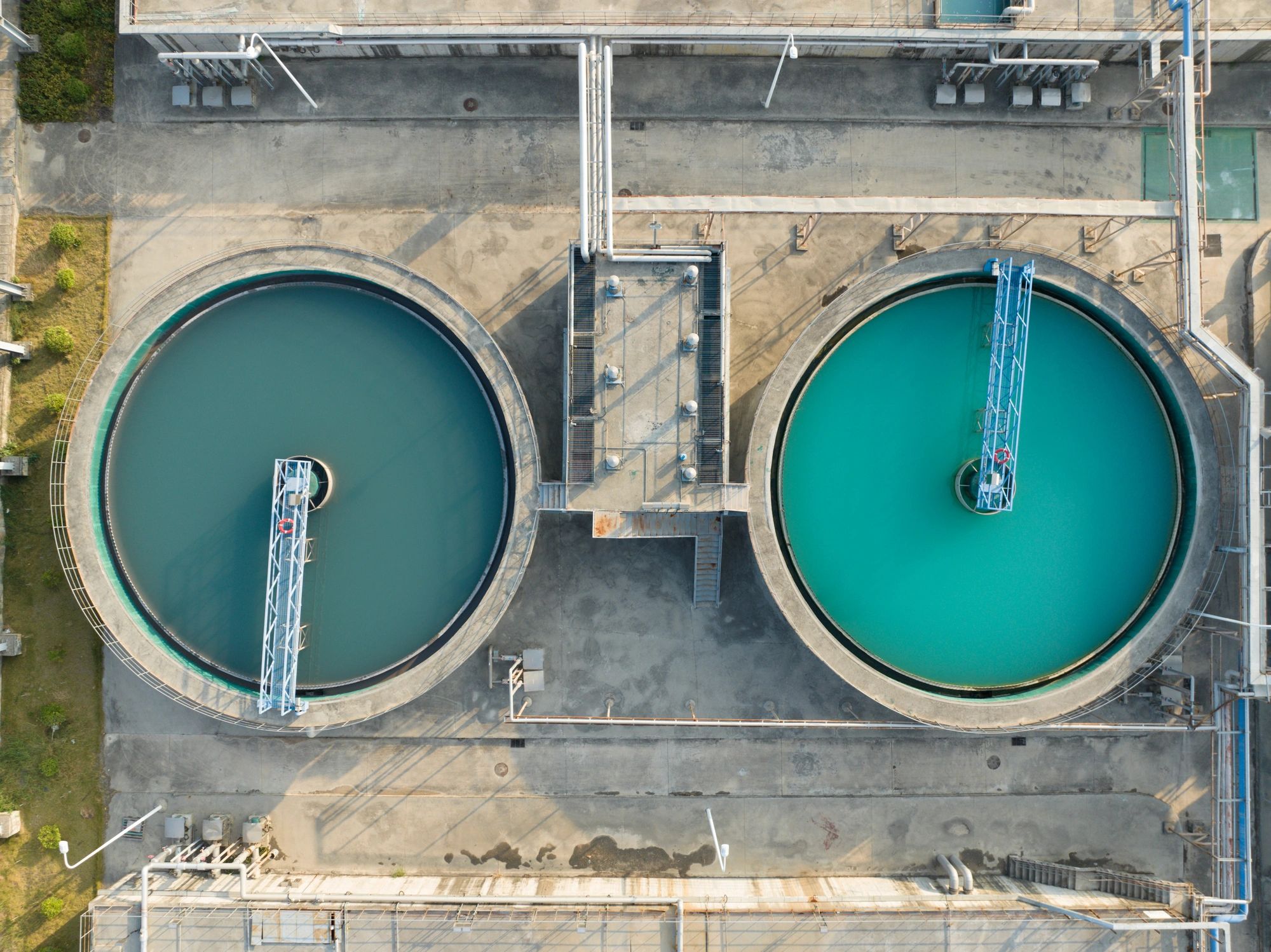 Top view of circular water treatment tanks.
