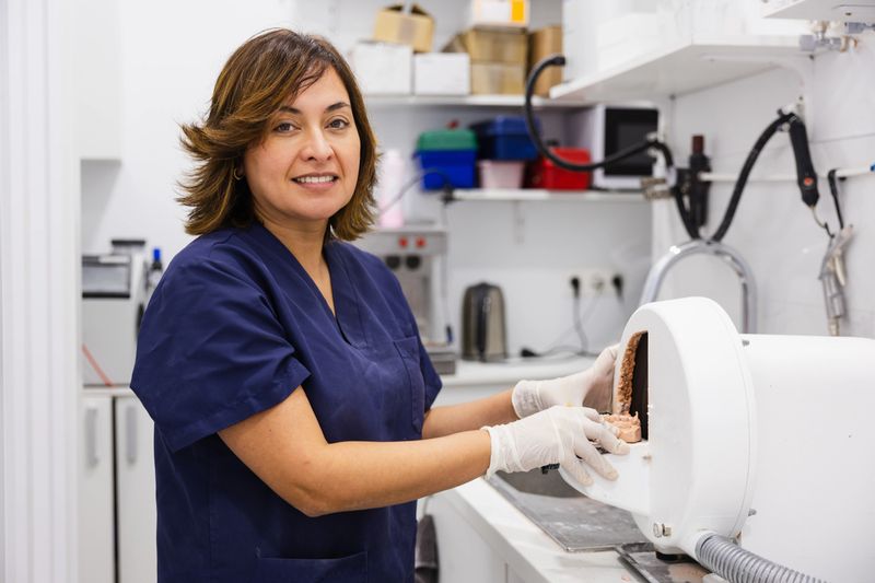 Female dental technician using specialized equipment to prepare a prosthetic mold.