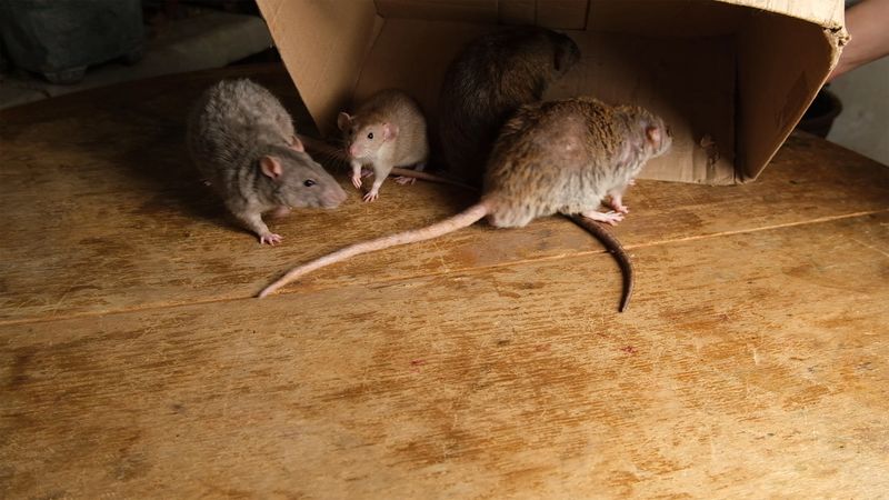 Gray rats in a cardboard box.