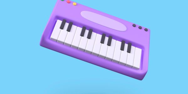 Purple toy piano keyboard floating on a blue background.