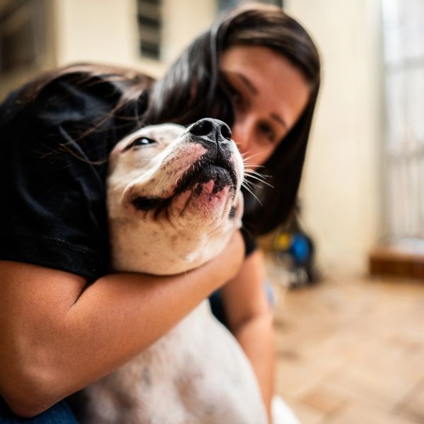 A person lovingly hugs a white dog indoors.