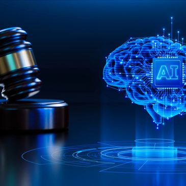 Gavel and digital brain with AI chip symbolizing AI law.