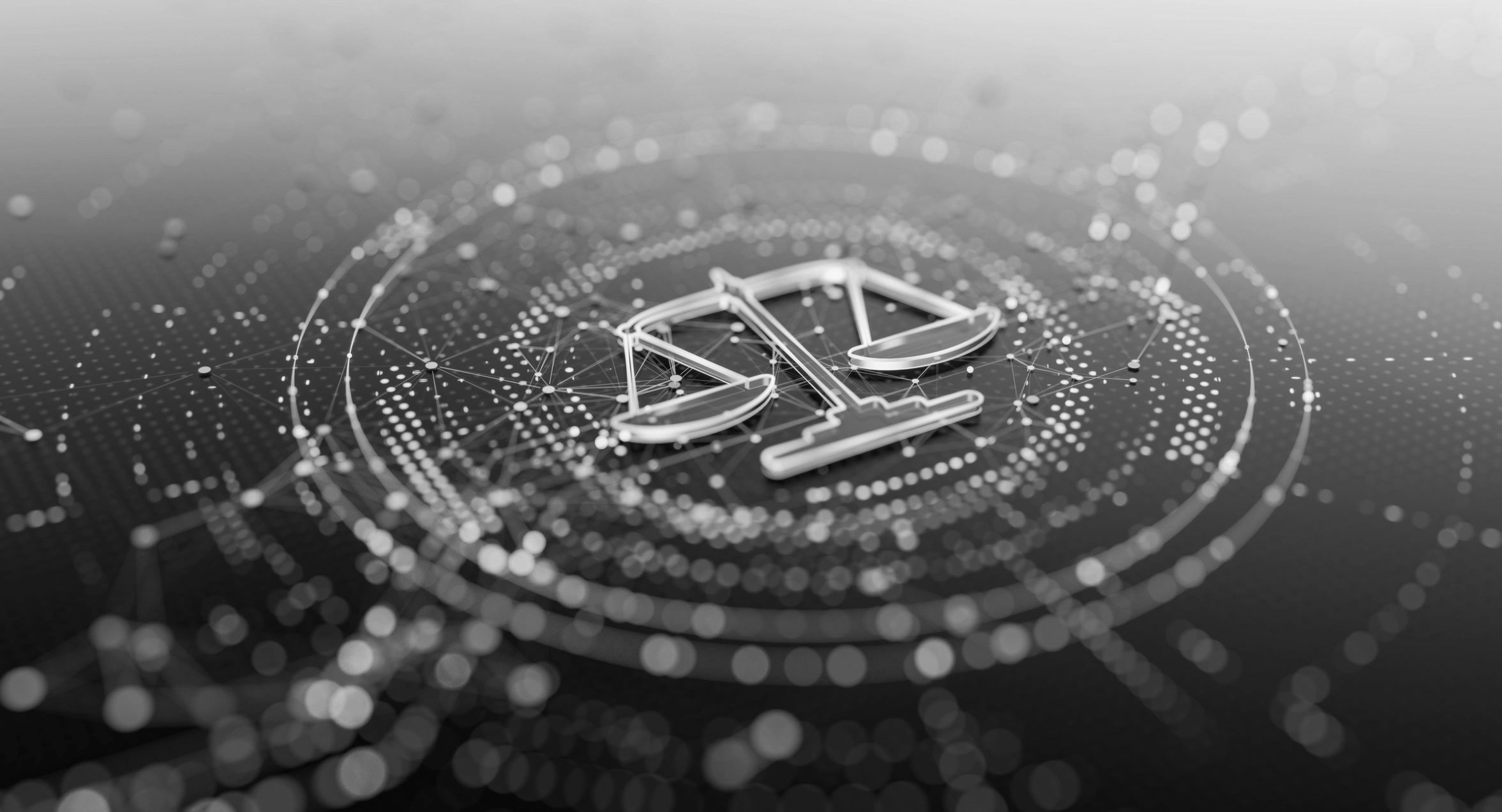 Digital scales of justice symbol glowing in blue and purple tones.
