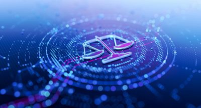 Digital scales of justice symbol glowing in a futuristic blue and purple tech design.