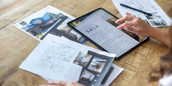 Person reviewing house sale information on a tablet and printed materials.