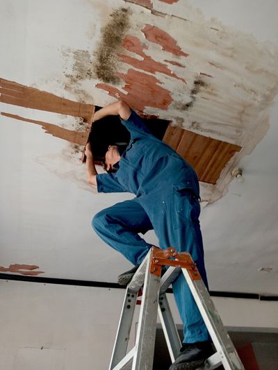  Professional repairing damaged wall plaster.
