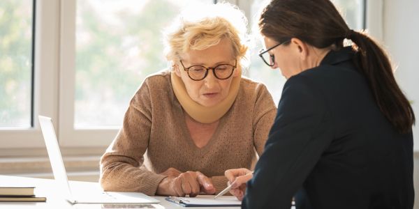 Two women discussing papers at a desk, one wearing a neck brace.