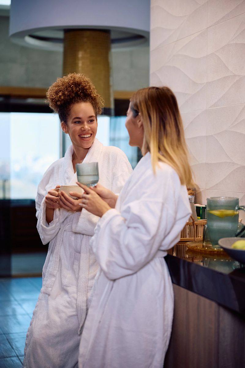 Happy female friends talking while enjoying in refreshing drinks at wellness resort.