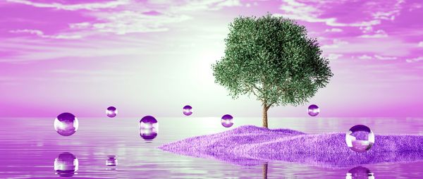 A green tree on a purple grassy island surrounded by reflective spheres over calm water.