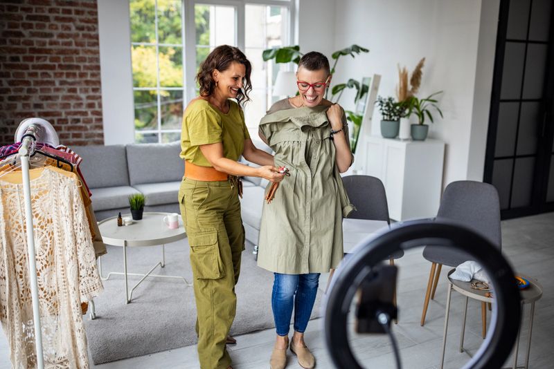 Both women are collaboratively trying on clothes, filled with joy and laughter, embracing their individual styles against a stylish, cozy home backdrop.
