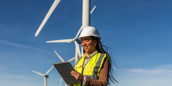 Woman engineer with tablet near wind turbines.
