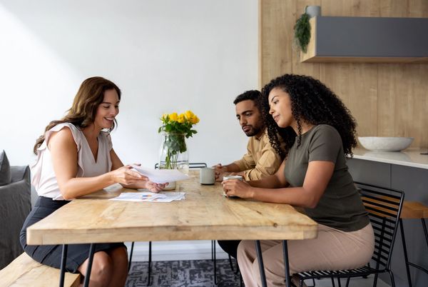 A woman discusses documents with a couple at a table.