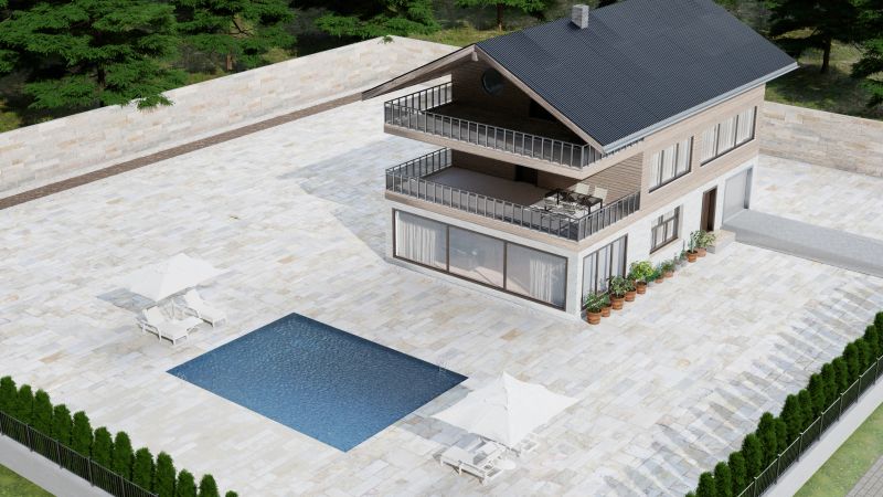 A modern three-story house with balcony terraces large glass windows and a private outdoor pool surrounded by a paved patio The minimalistic design uses potted plants and greenery ideal for contemporary themes