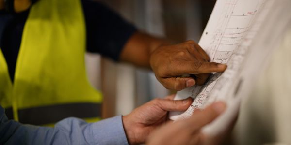 Two people examining a blueprint or technical drawing.