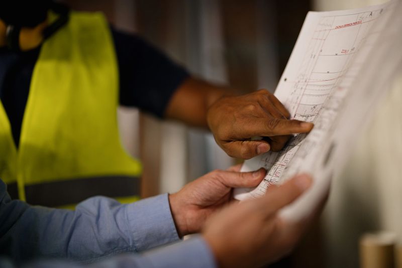 Two construction workers reviewing blueprints at a site, focusing on detailed aspects of the project. The image highlights teamwork and collaboration essential to successful building projects.