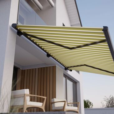 Modern patio with yellow striped retractable awning and wooden chairs.