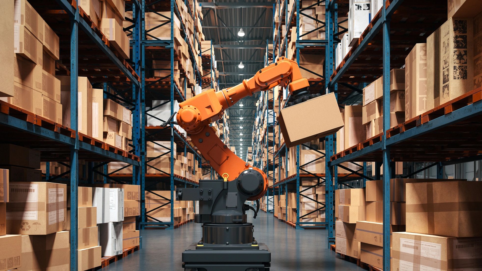 Robotic arm handling a box in a warehouse aisle filled with shelves of packages.