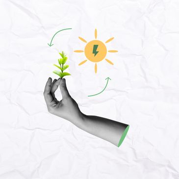 Hand holding a green plant with a sun and arrows symbolizing energy flow.