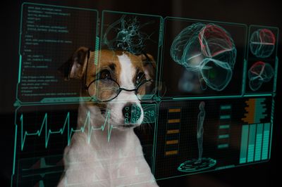 Dog wearing glasses looking at futuristic medical data screens.