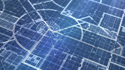 Detailed architectural blueprint with curved and straight design elements.