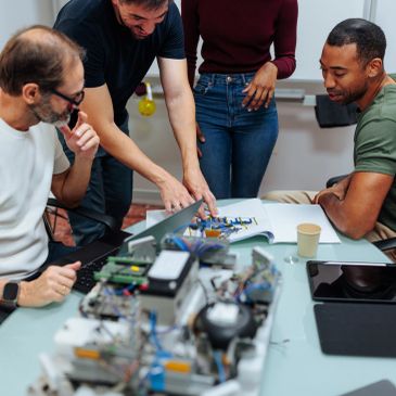 Group of adults collaborating on a tech project around a table.