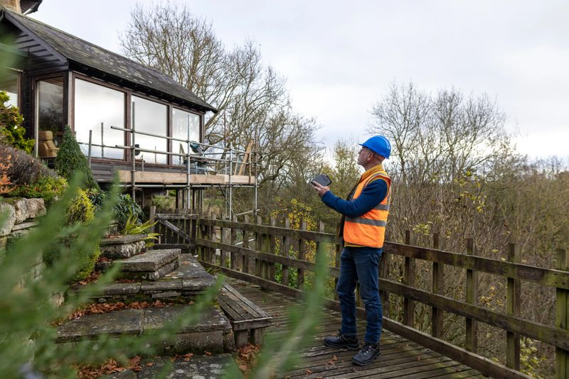 A wide shot of a man in a hi-viz jacket operating a drone, he is surveying the property and assessing the roof. The property is in Hexham in Northumberland.Videos are available similar to this scenario.
