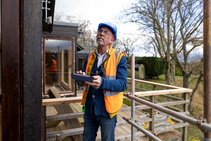 A medium-wide shot of a building inspector using a digital tablet to file data from his inspection findings. He is wearing a high-visibility jacket and a blue hard hat.

Videos are available similar to this scenario.