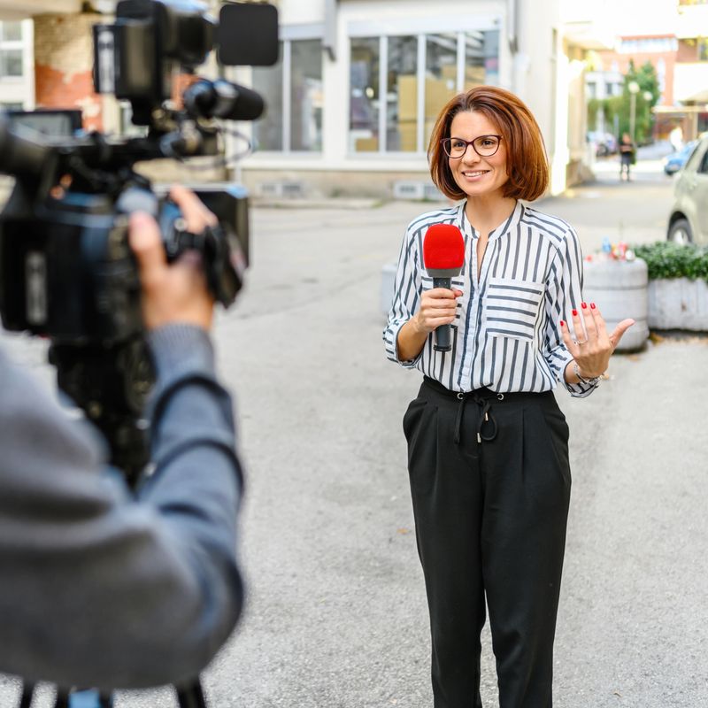 Female television reporter holding a microphone, she is standing outdoors in front of a building. Male camera operator is filming her.