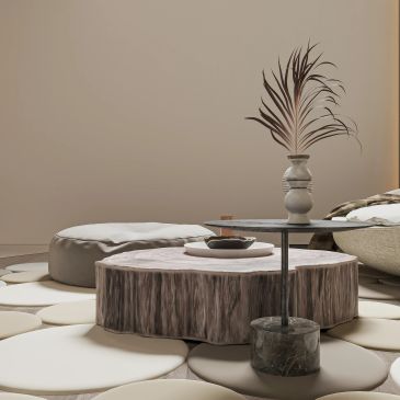 Minimalist living room with neutral tones and unique furniture.
