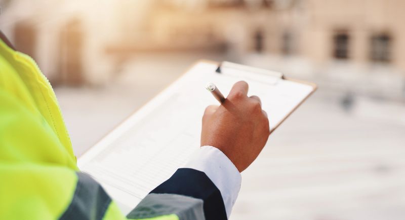 Hands, engineer and clipboard in city for checklist, inspection notes or safety compliance. Person, writing or outdoor with documents for urban development, project management or supervisor paperwork