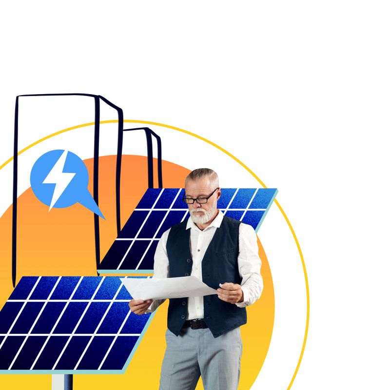 Senior engineer studying solar panel blueprints, against backdrop of solar panels, promoting renewable energy solutions. Contemporary art collage. Concept of ecology, sustainability, green energy