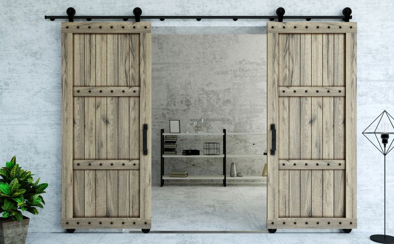 3d illustration. Modern interior in loft style barn sliding wooden door in loft room. Studio