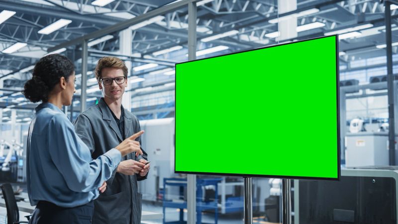 Meeting In Office Of Autonomous Factory With Robotic Arms: Hispanic Female Engineer Talking with Caucasian Male Assembly Line Director And Using TV With Green Screen Chromakey On Display.