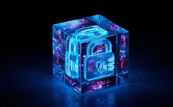 Glowing blue padlock hologram inside a transparent cube symbolizing digital security.