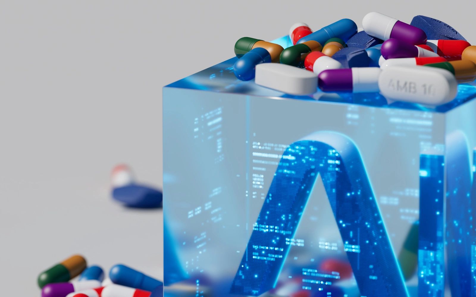 Acrylic cube with AI text and pills on top.