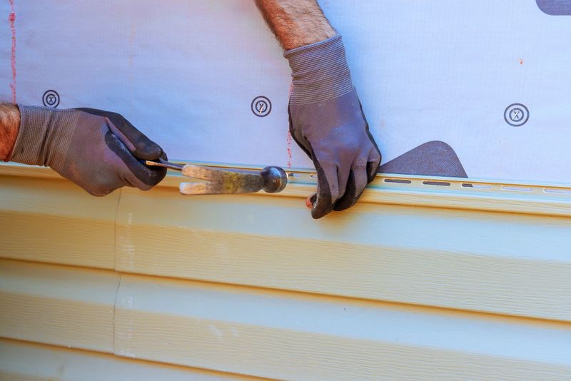 Worker carefully installs vinyl siding on house, ensuring level alignment while using hammer tools.
