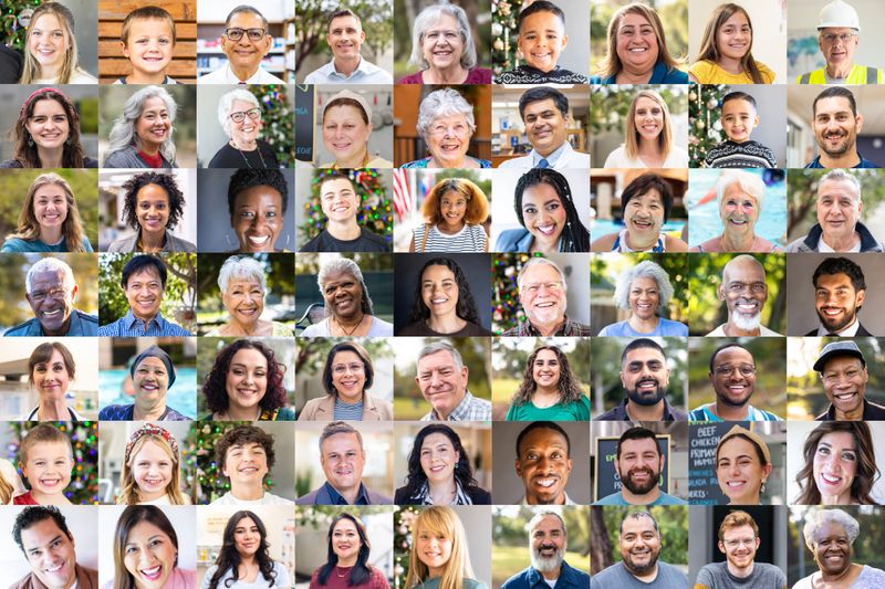 A fresh diverse collection of portraits, all are positive or smiling, laughing.