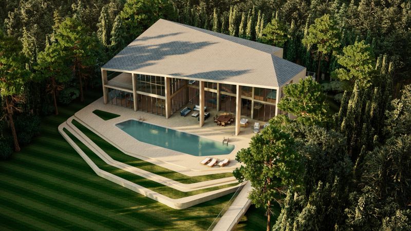 3D visualization depicts an elegant mansion with large windows, set against a beautifully landscaped green lawn and mature trees. Aerial view of elegant mansion with expansive green lawn.